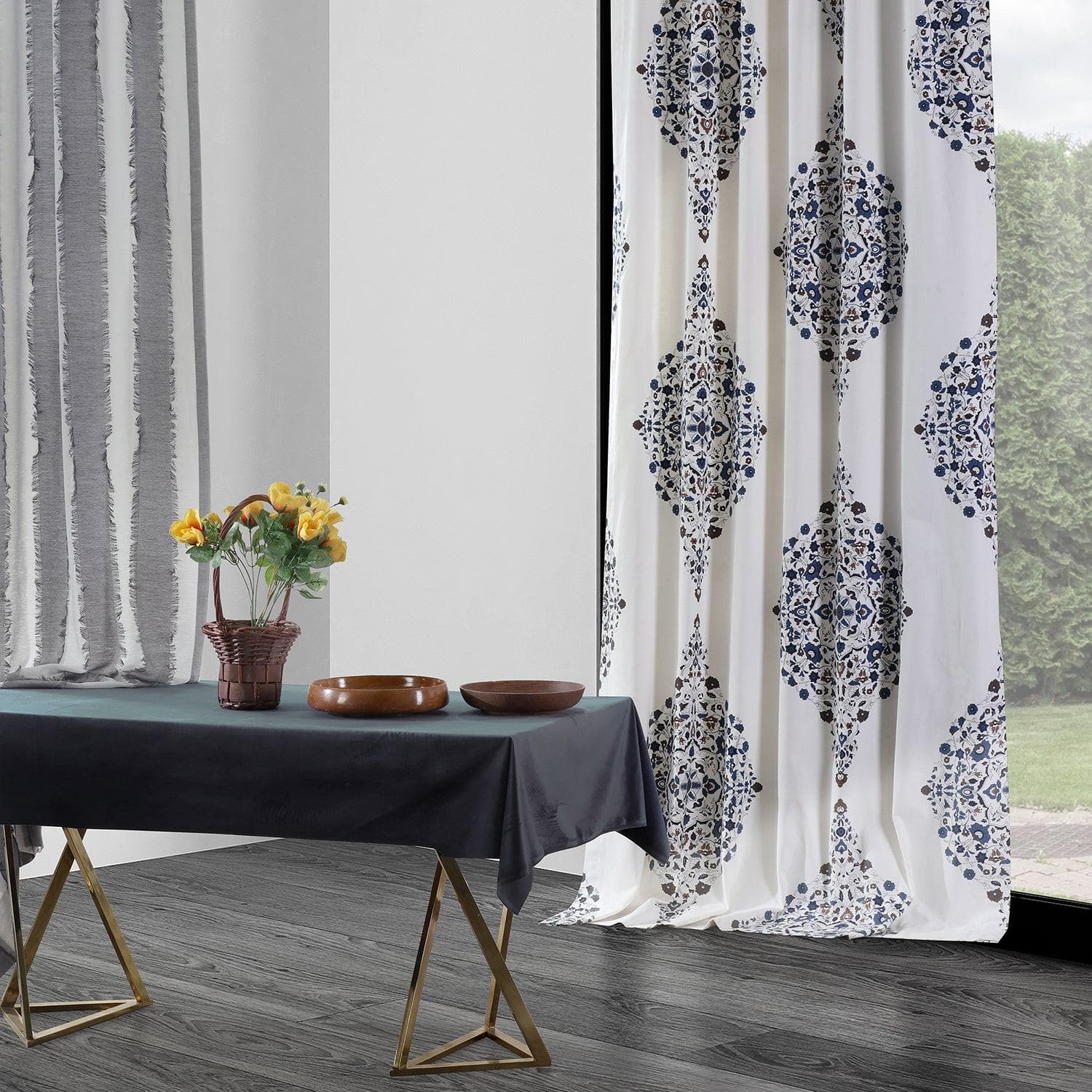 Kerala Blue Printed Cotton Custom Curtain - HalfPriceDrapes.com