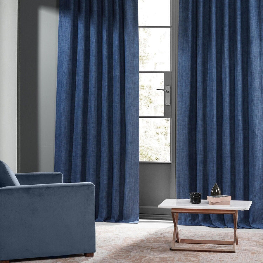 Lake Blue Monochromatic Faux Linen Room Darkening Curtain Pair (2 Panels)