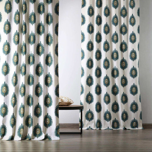 Mayan Teal Emblem Printed Cotton Custom Curtain