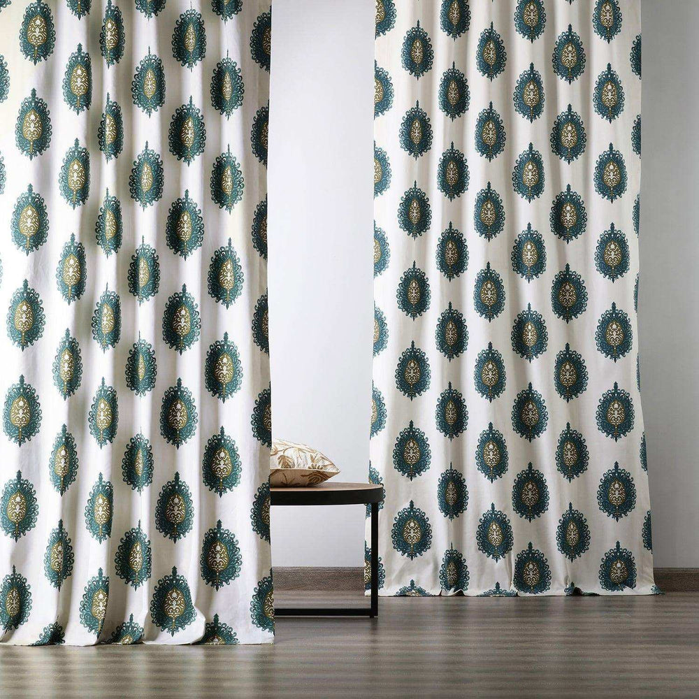 Mayan Teal Printed Cotton Custom Curtain - HalfPriceDrapes.com