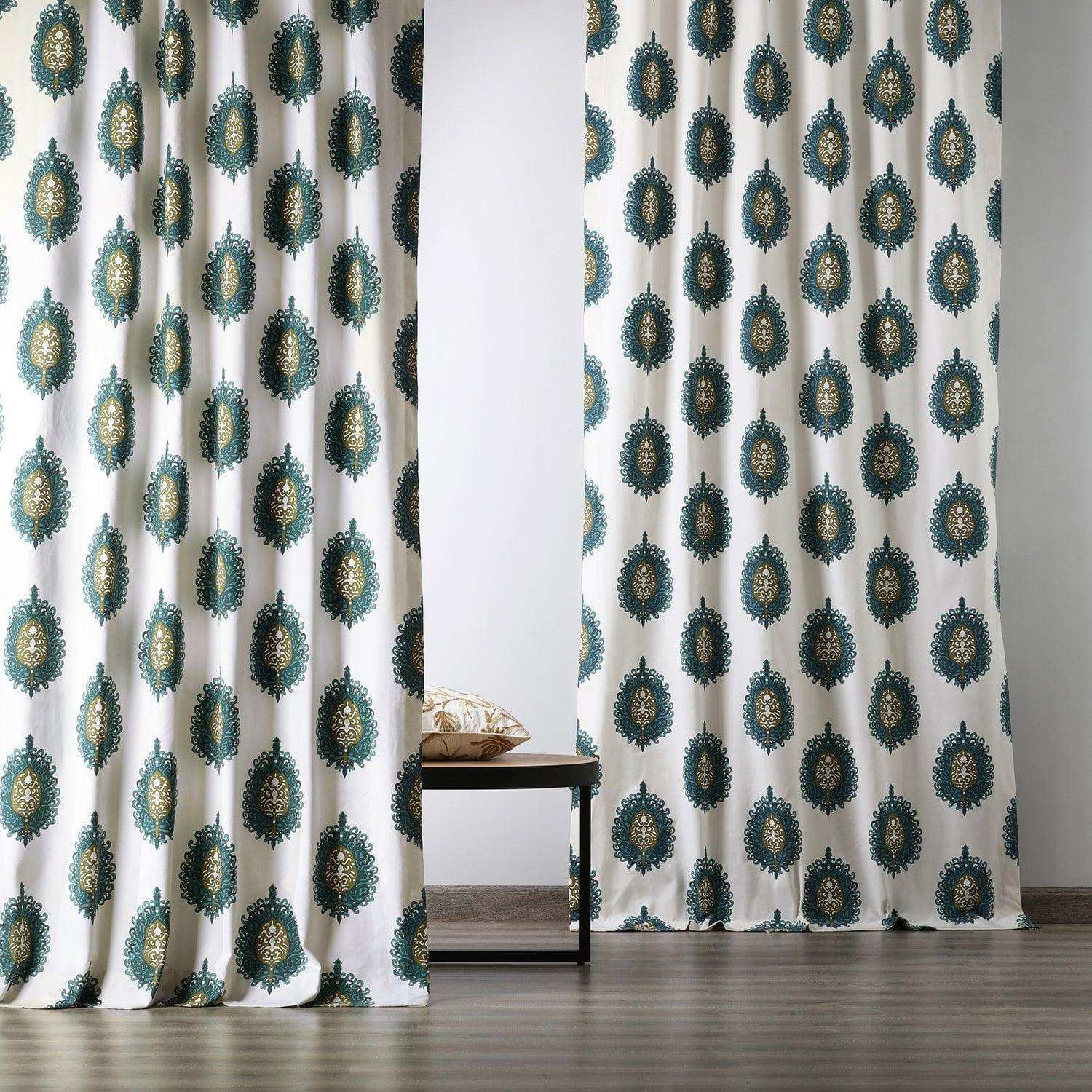Mayan Teal Printed Cotton Custom Curtain - HalfPriceDrapes.com
