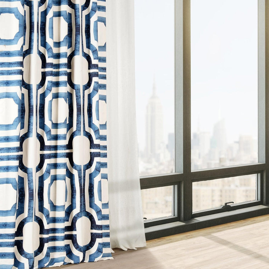 Mecca Blue Printed Cotton Custom Curtain - HalfPriceDrapes.com
