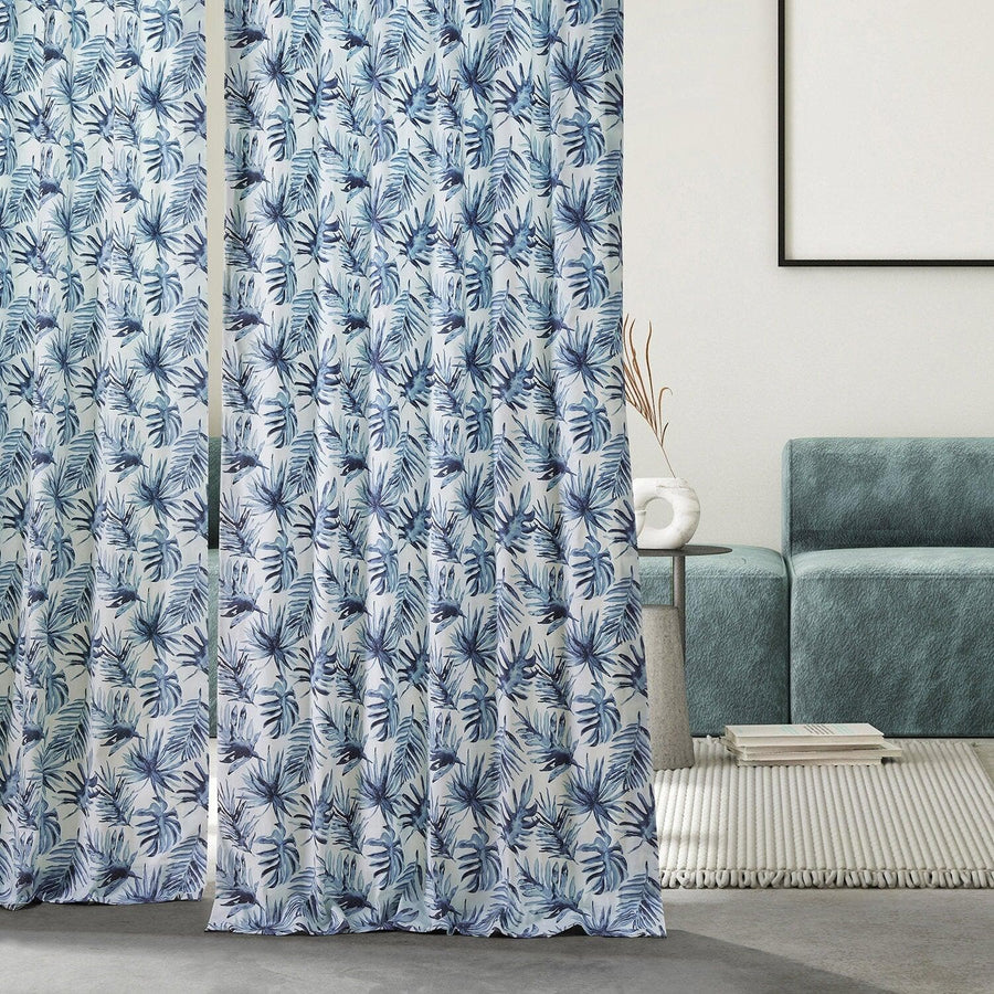 Artemis Blue French Pleat Printed Cotton Curtain