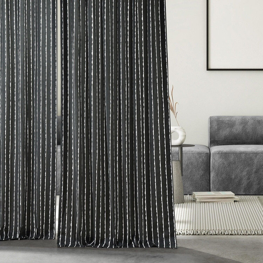Sharkskin Black Solid French Pleat Printed Cotton Curtain