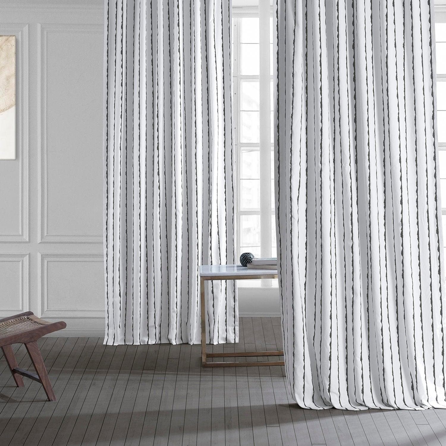 Sharkskin Black Striped Printed Cotton Curtain - HalfPriceDrapes.com