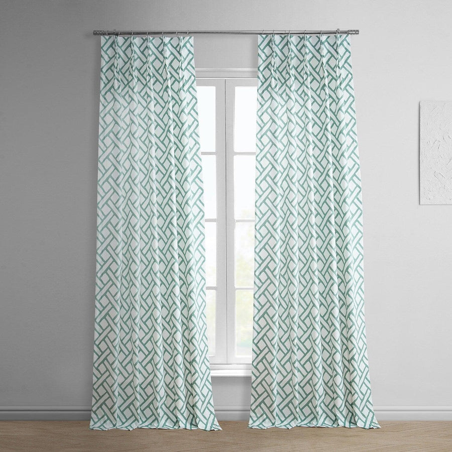 Garden Path Slate Blue French Pleat Printed Cotton Curtain