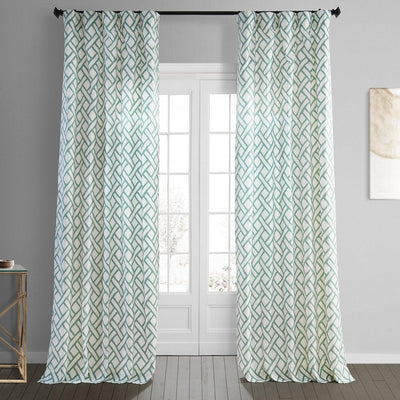 Garden Path Slate Blue Geometric Printed Cotton Room Darkening Curtain