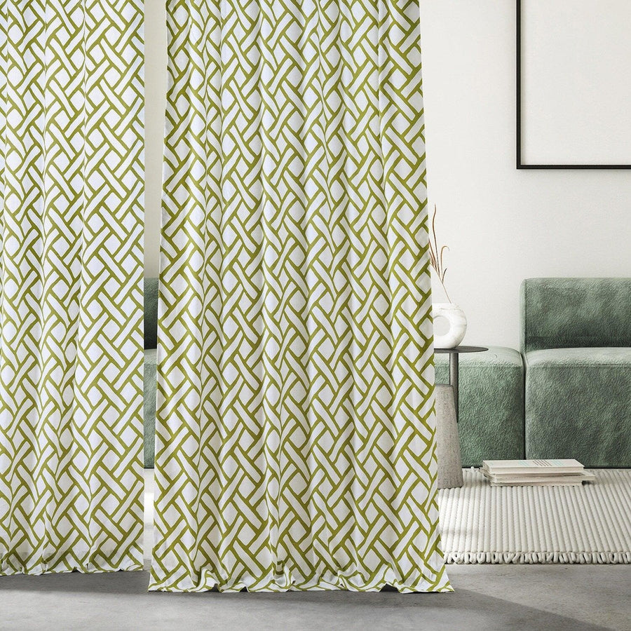 Garden Path Moss Green French Pleat Printed Cotton Curtain
