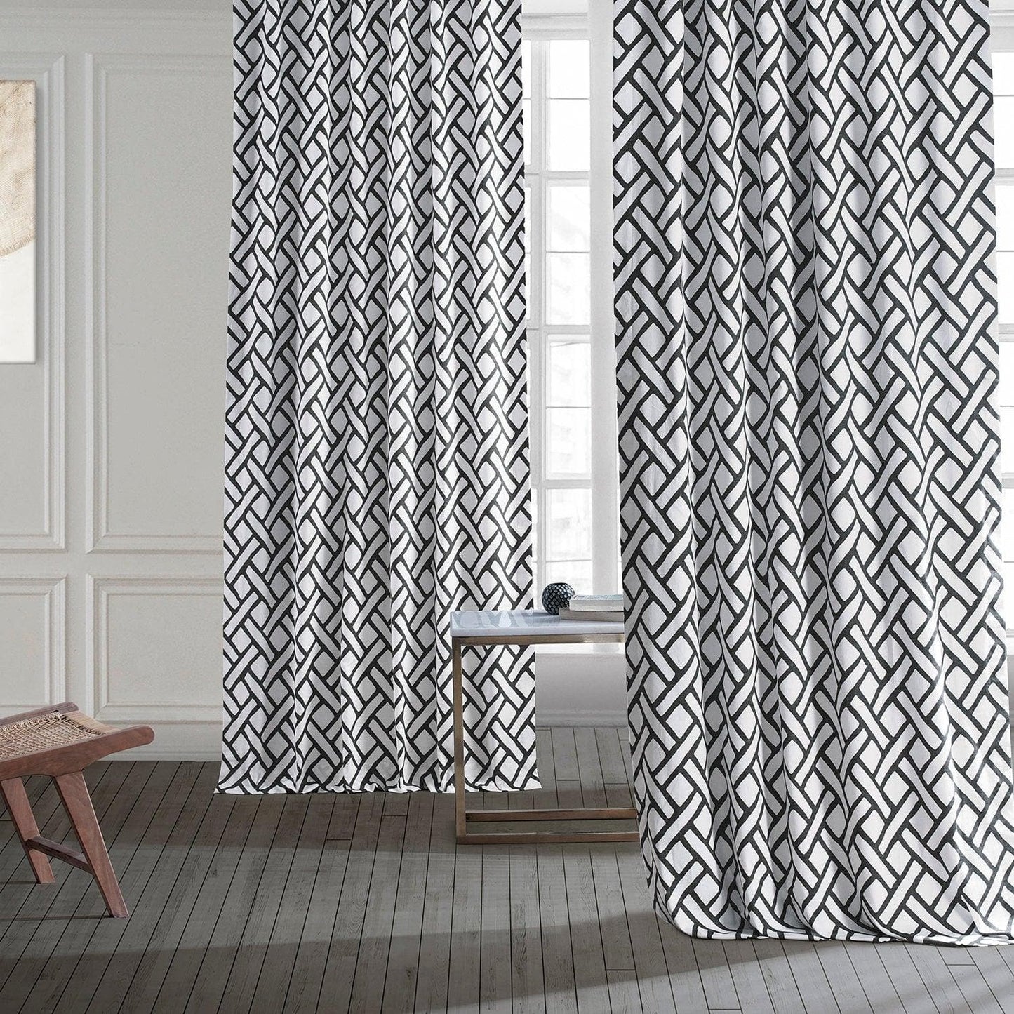 Garden Path Black Printed Cotton Curtain - HalfPriceDrapes.com