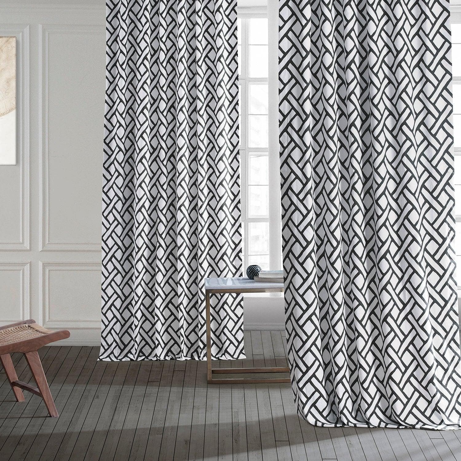 Garden Path Black Printed Cotton Curtain - HalfPriceDrapes.com