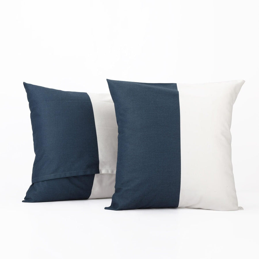 Dusk Blue & Off White Striped Printed Cotton Cushion Covers - Pair (2 pcs.)