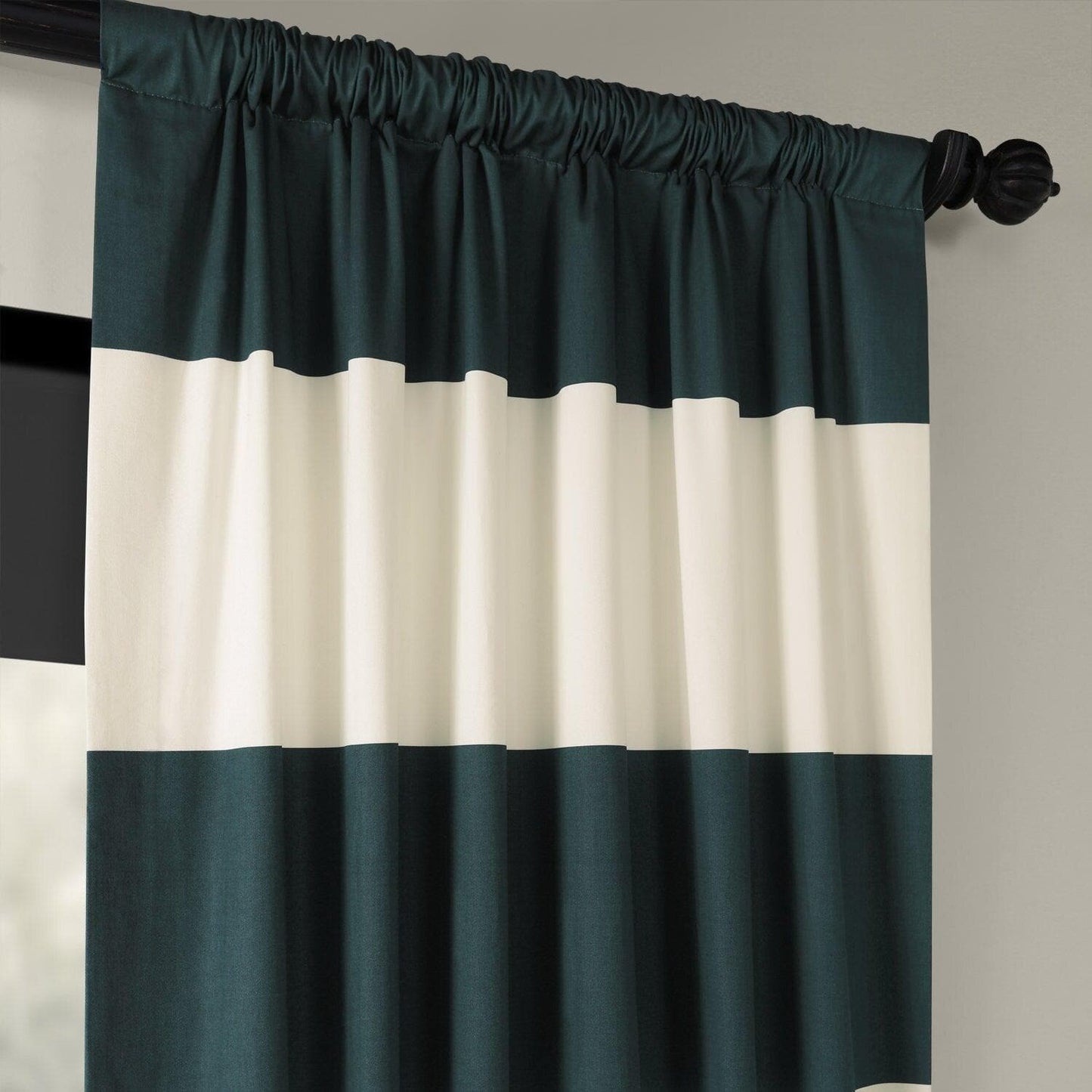 Dusk Blue & Off White Horizontal Striped Printed Cotton Curtain