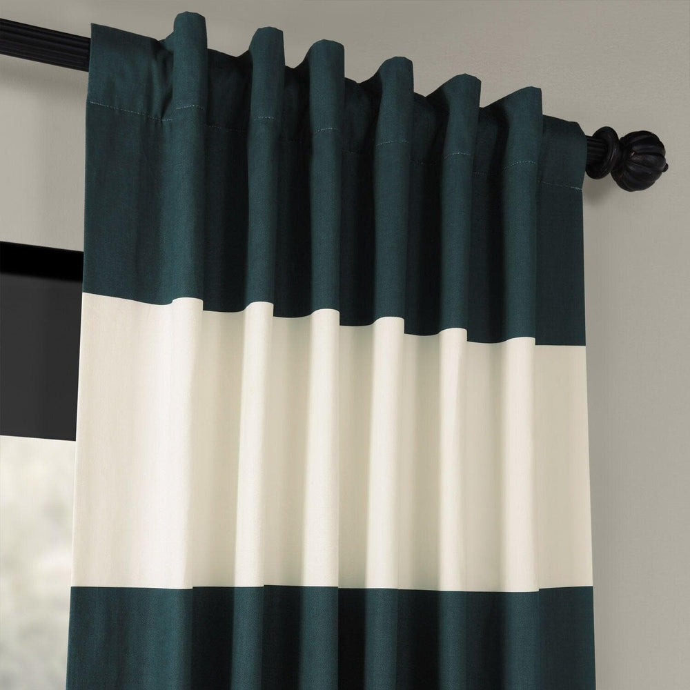 Dusk Blue & Off White Horizontal Striped Printed Cotton Curtain