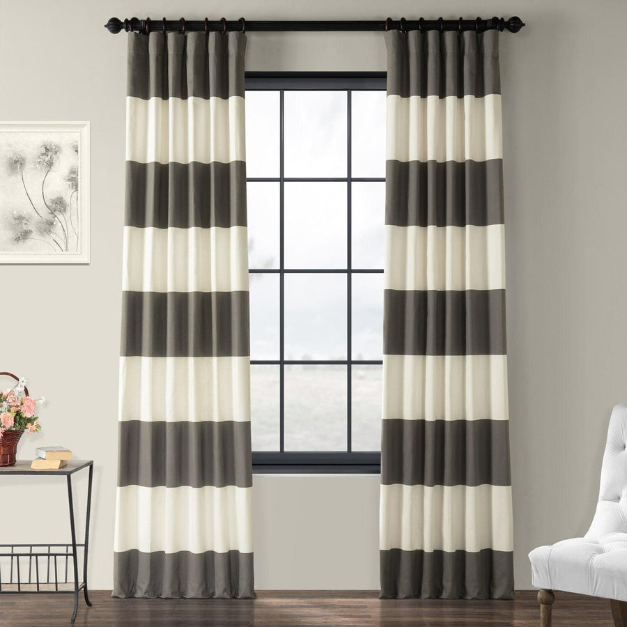 Slate Grey & Off White Horizontal Striped Printed Cotton Curtain