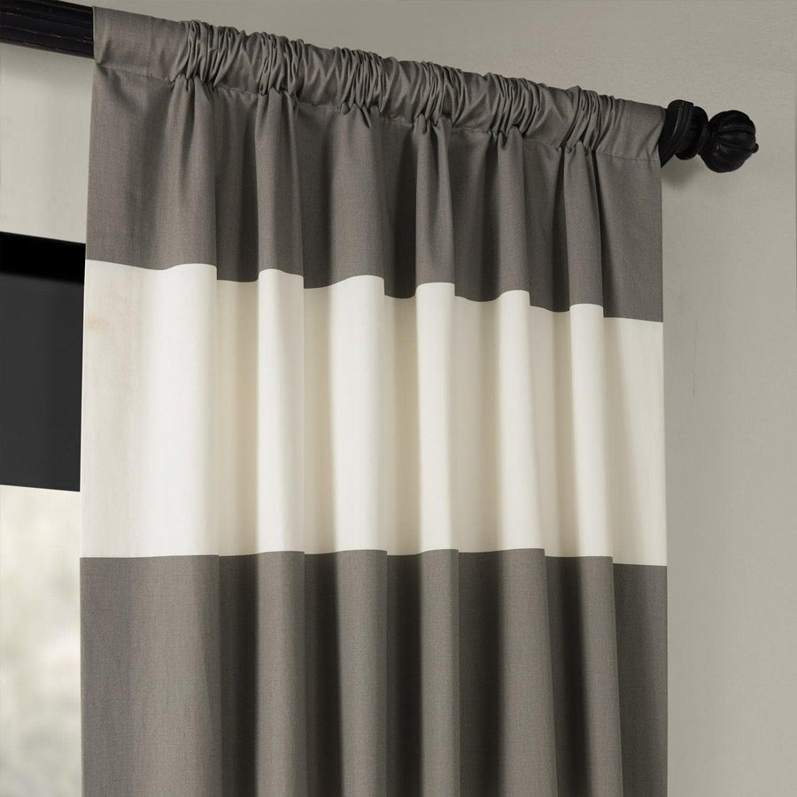 Slate Grey & Off White Horizontal Striped Printed Cotton Curtain