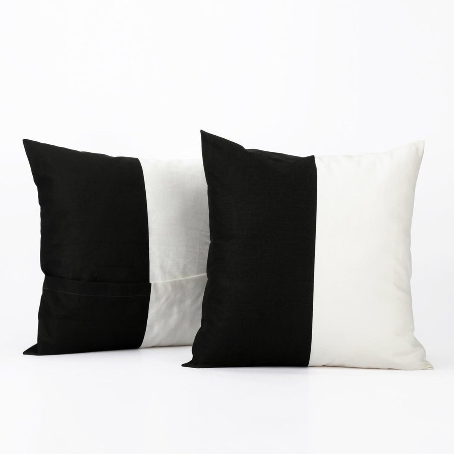 Onyx Black & Off White Striped Printed Cotton Cushion Covers - Pair (2 pcs.)