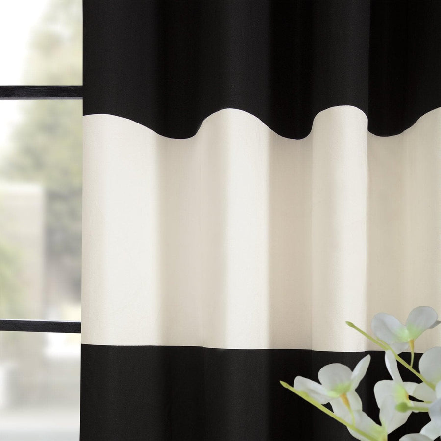 Onyx Black & Off White Horizontal Striped Grommet Printed Cotton Curtain - HalfPriceDrapes.com