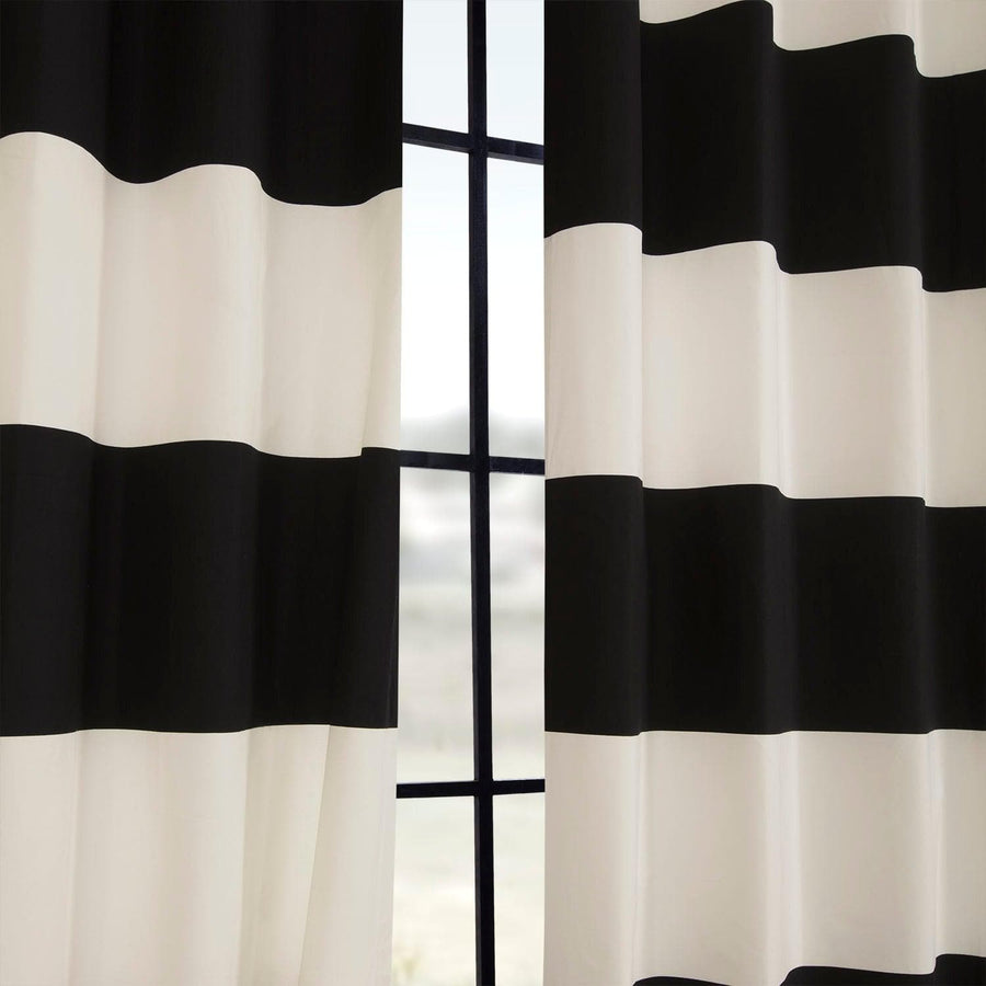 Onyx Black & Off White Horizontal Striped Printed Cotton Custom Curtain - HalfPriceDrapes.com