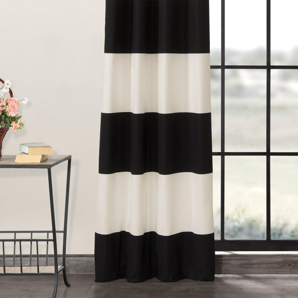 Onyx Black & Off White Horizontal Striped Grommet Printed Cotton Curtain