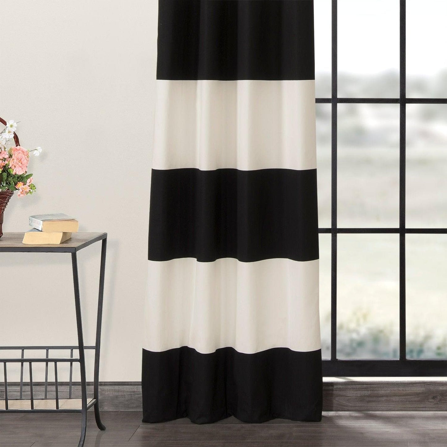 Onyx Black & Off White Horizontal Striped Grommet Printed Cotton Curtain