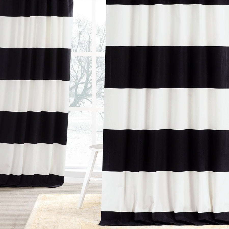 Onyx Black & Off White Horizontal Striped Printed Cotton Curtain - HalfPriceDrapes.com