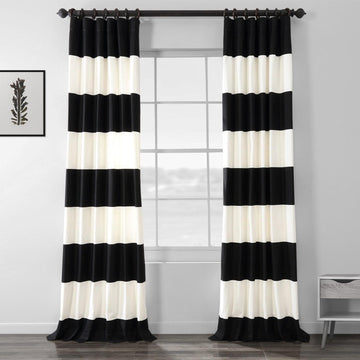 Onyx Black & Off White Horizontal Striped Printed Cotton Room Darkening Curtain