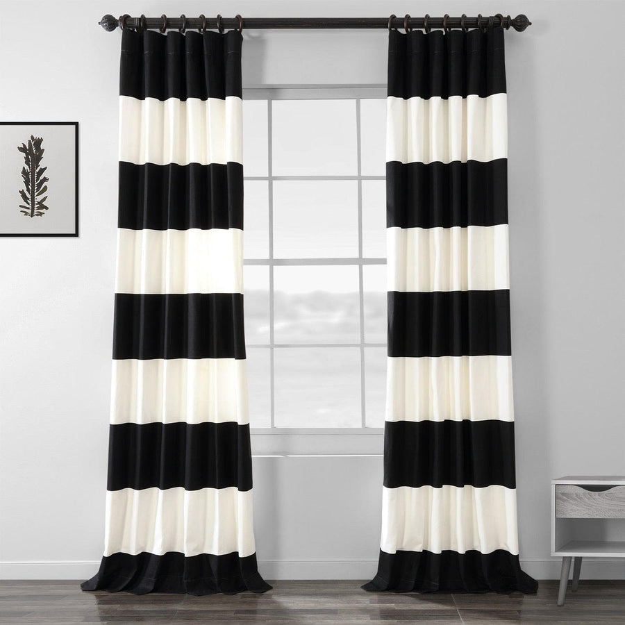 Onyx Black & Off White Horizontal Striped Printed Cotton Curtain