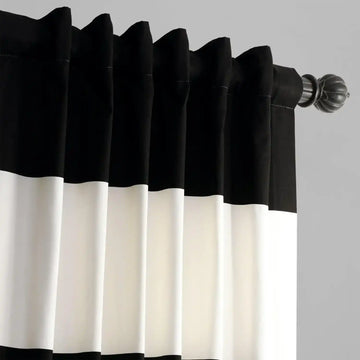 Onyx Black & Off White Horizontal Striped Printed Cotton Curtain