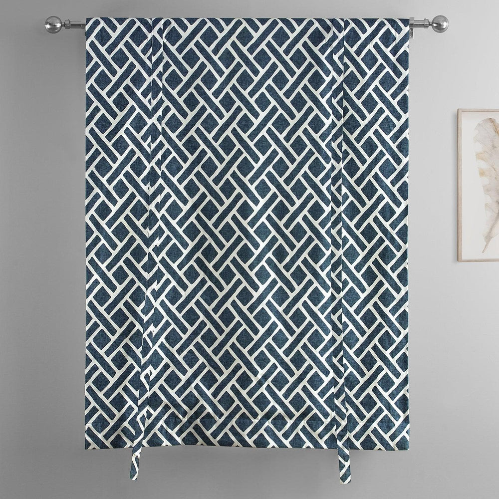 Martinique Blue Printed Cotton Tie-Up Window Shade - HalfPriceDrapes.com