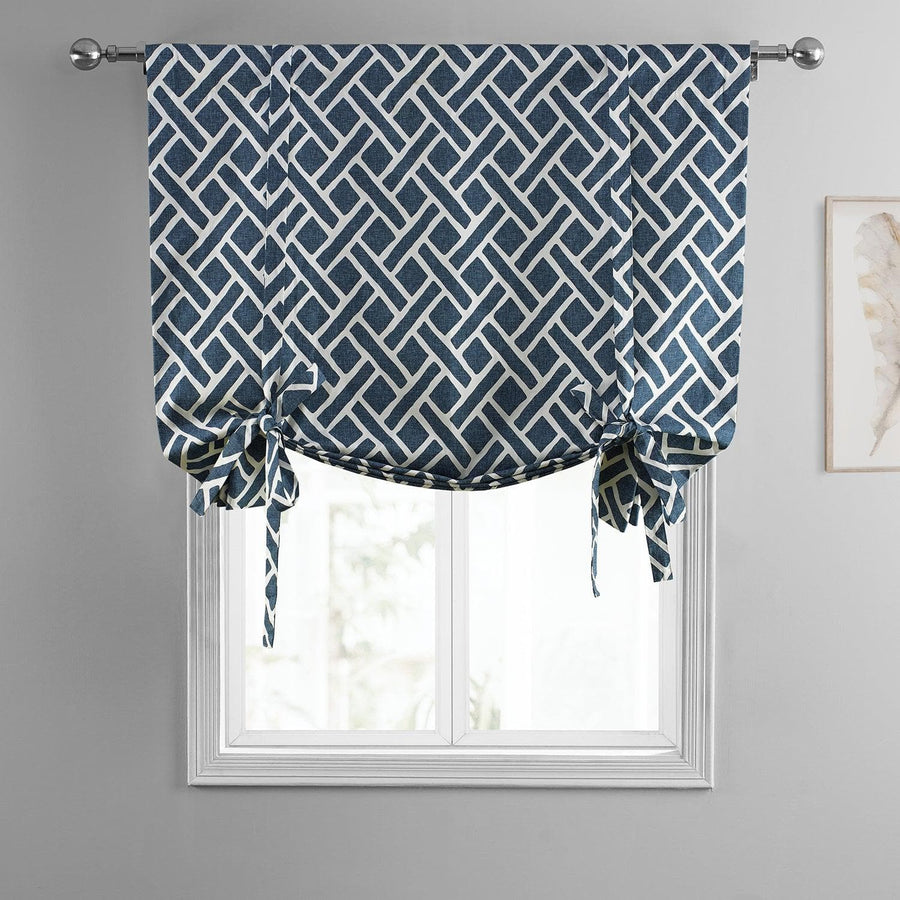 Martinique Blue Printed Cotton Tie-Up Window Shade - HalfPriceDrapes.com