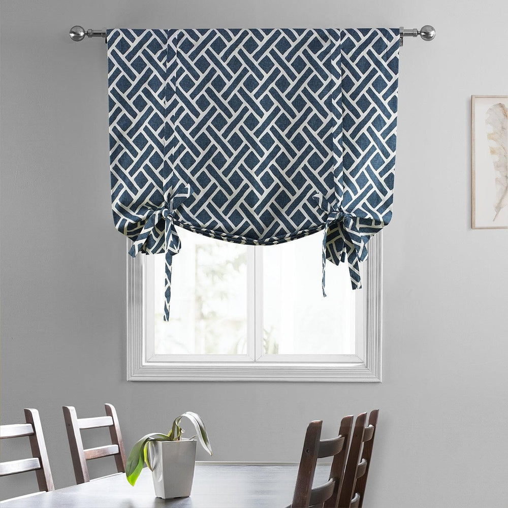 Martinique Blue Printed Cotton Tie-Up Window Shade - HalfPriceDrapes.com