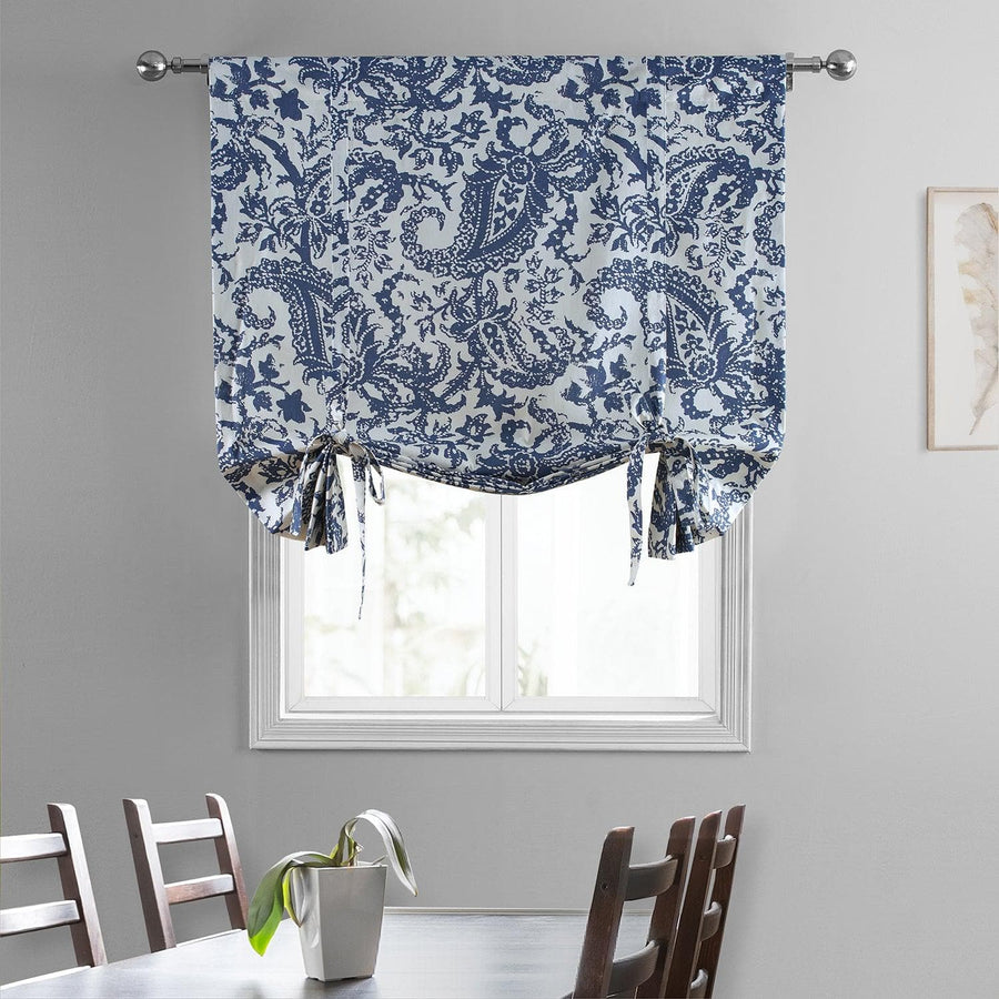 Edina Blue Printed Cotton Tie-Up Window Shade - HalfPriceDrapes.com