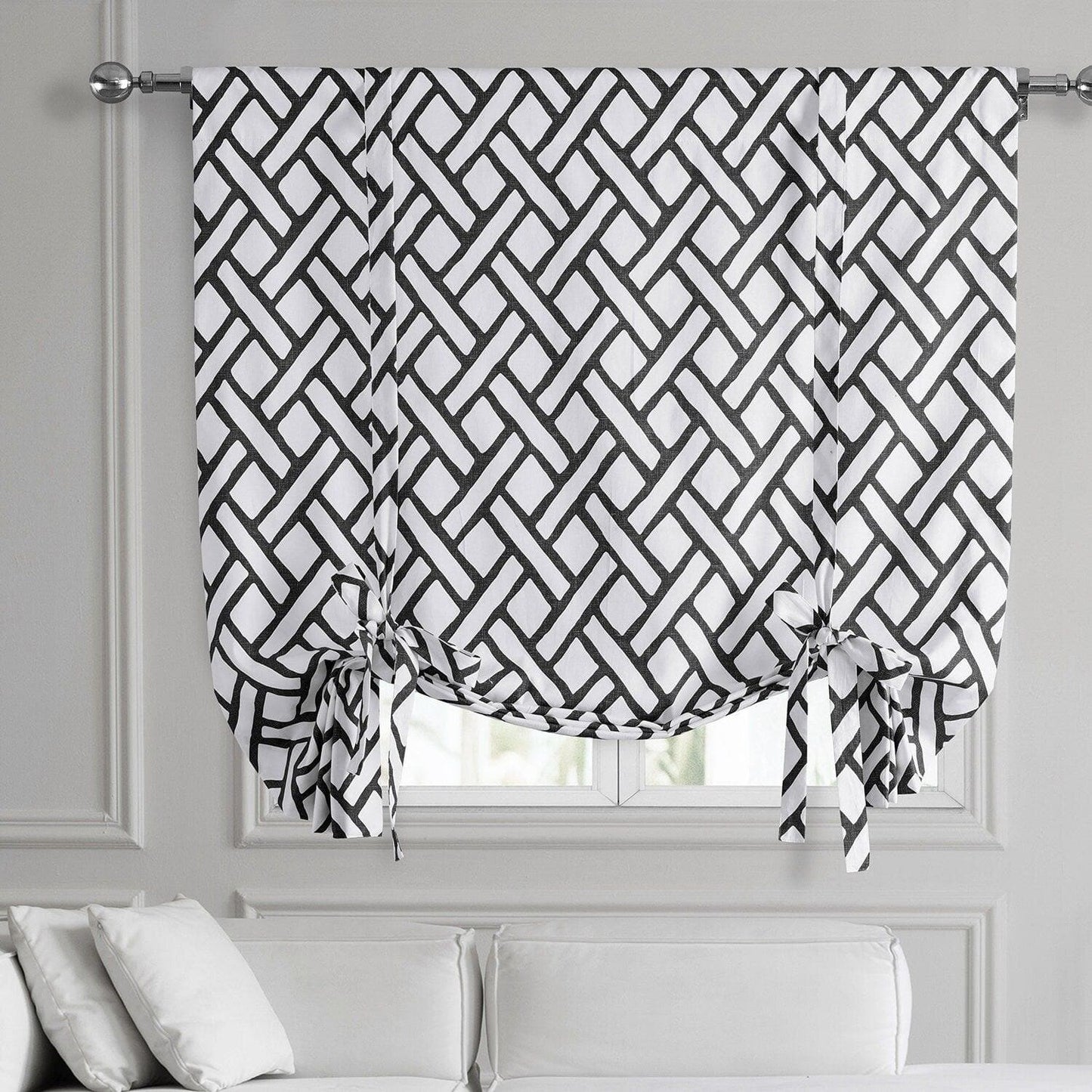 Garden Path Black Printed Cotton Tie-Up Window Shade
