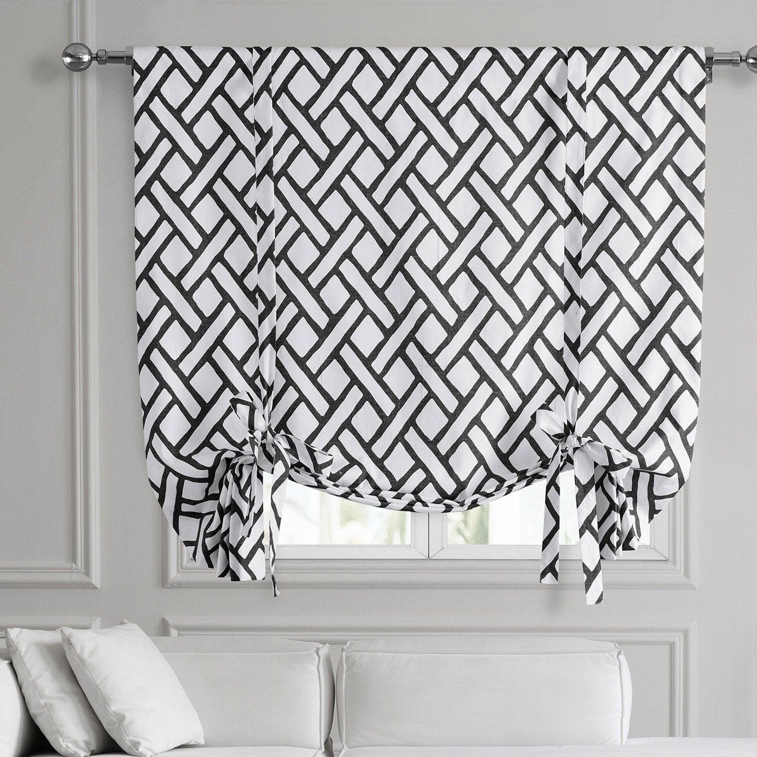 Garden Path Black Printed Cotton Tie-Up Window Shade