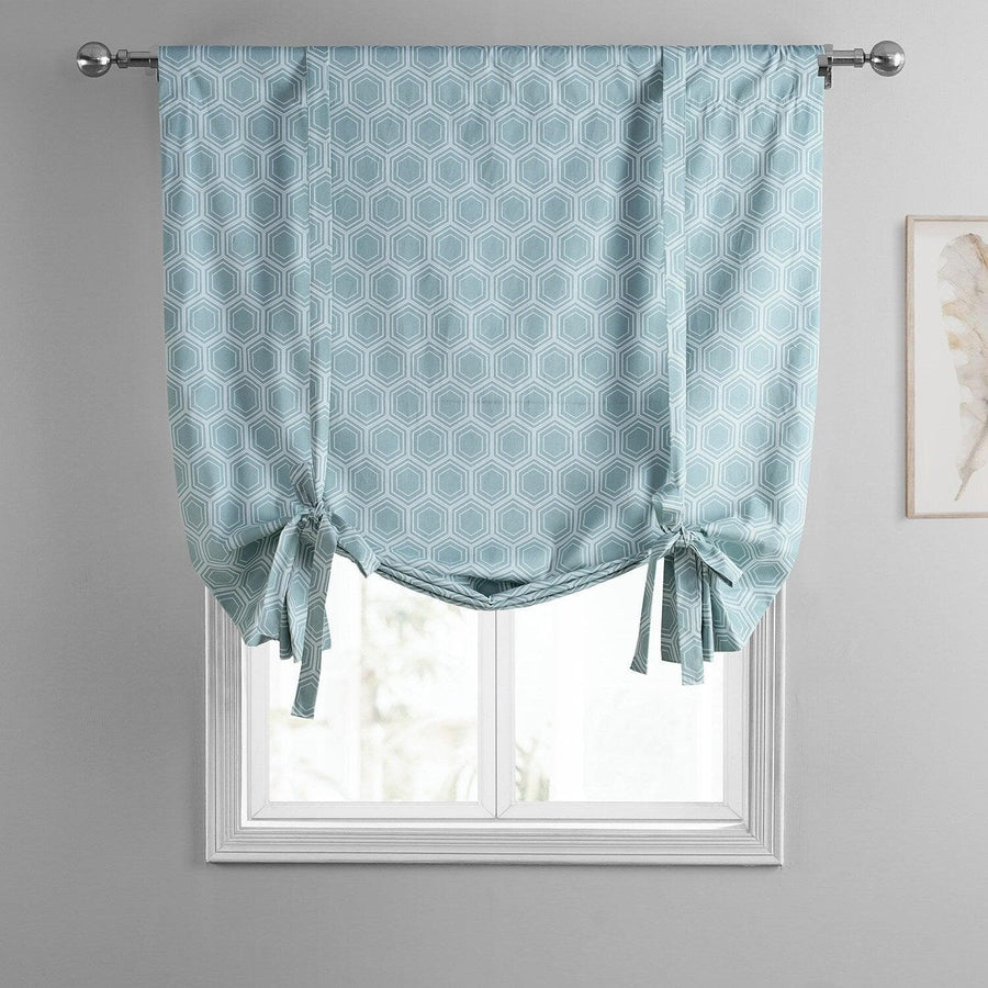 Honeycomb Ripple Aqua Printed Cotton Tie-Up Window Shade