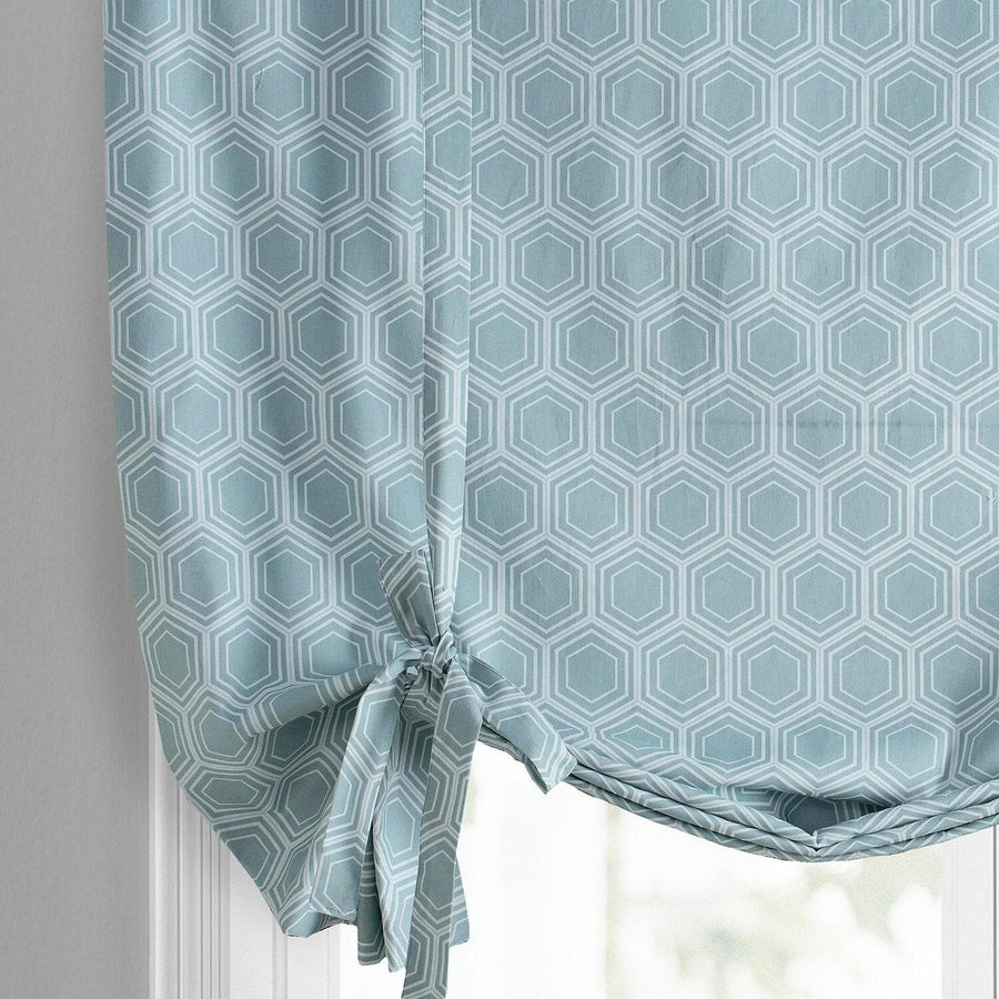 Honeycomb Ripple Aqua Printed Cotton Tie-Up Window Shade