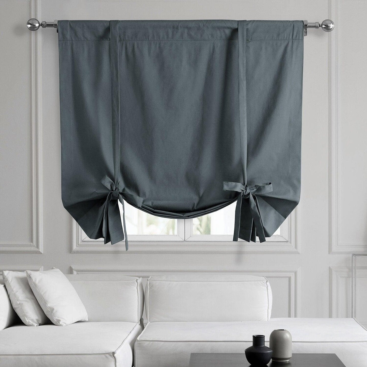 Business Grey Solid Cotton Tie-Up Window Shade