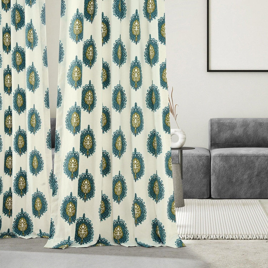 Mayan Teal French Pleat Printed Cotton Curtain