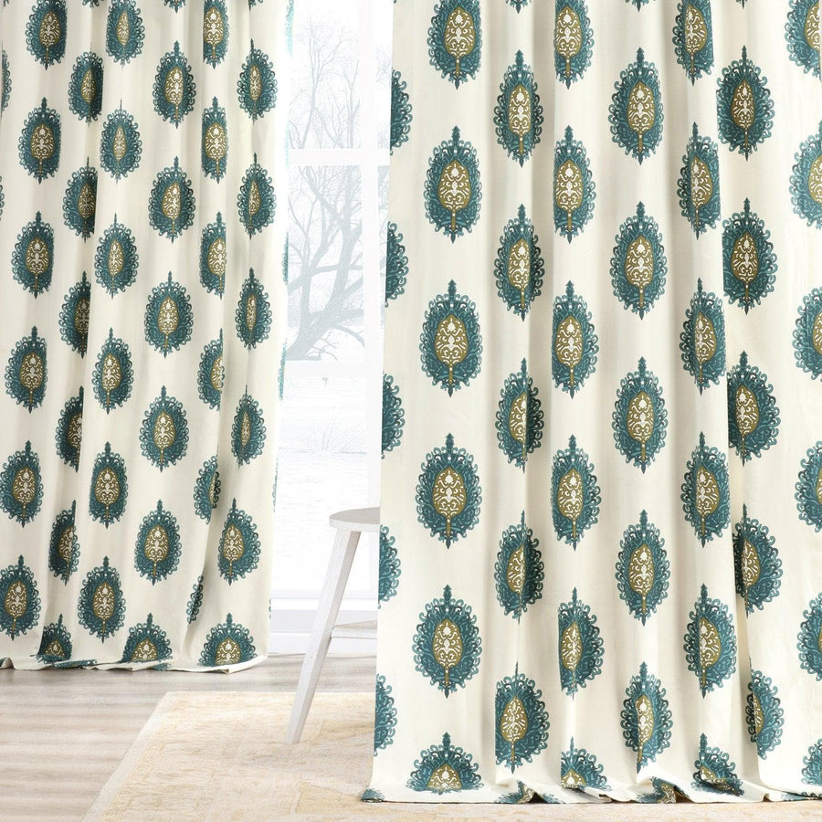 Mayan Teal Printed Cotton Curtain - HalfPriceDrapes.com