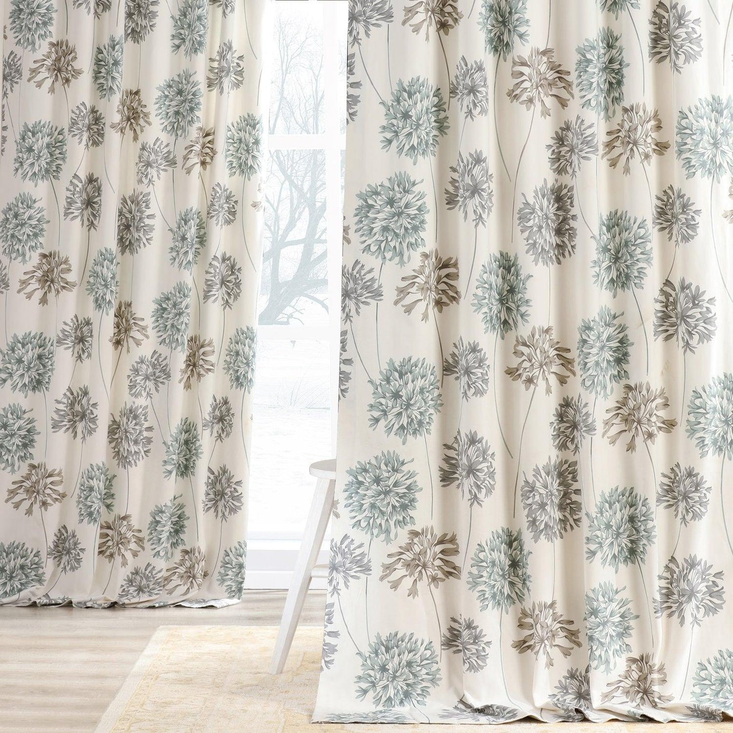 Allium Blue Grey Printed Cotton Curtain - HalfPriceDrapes.com