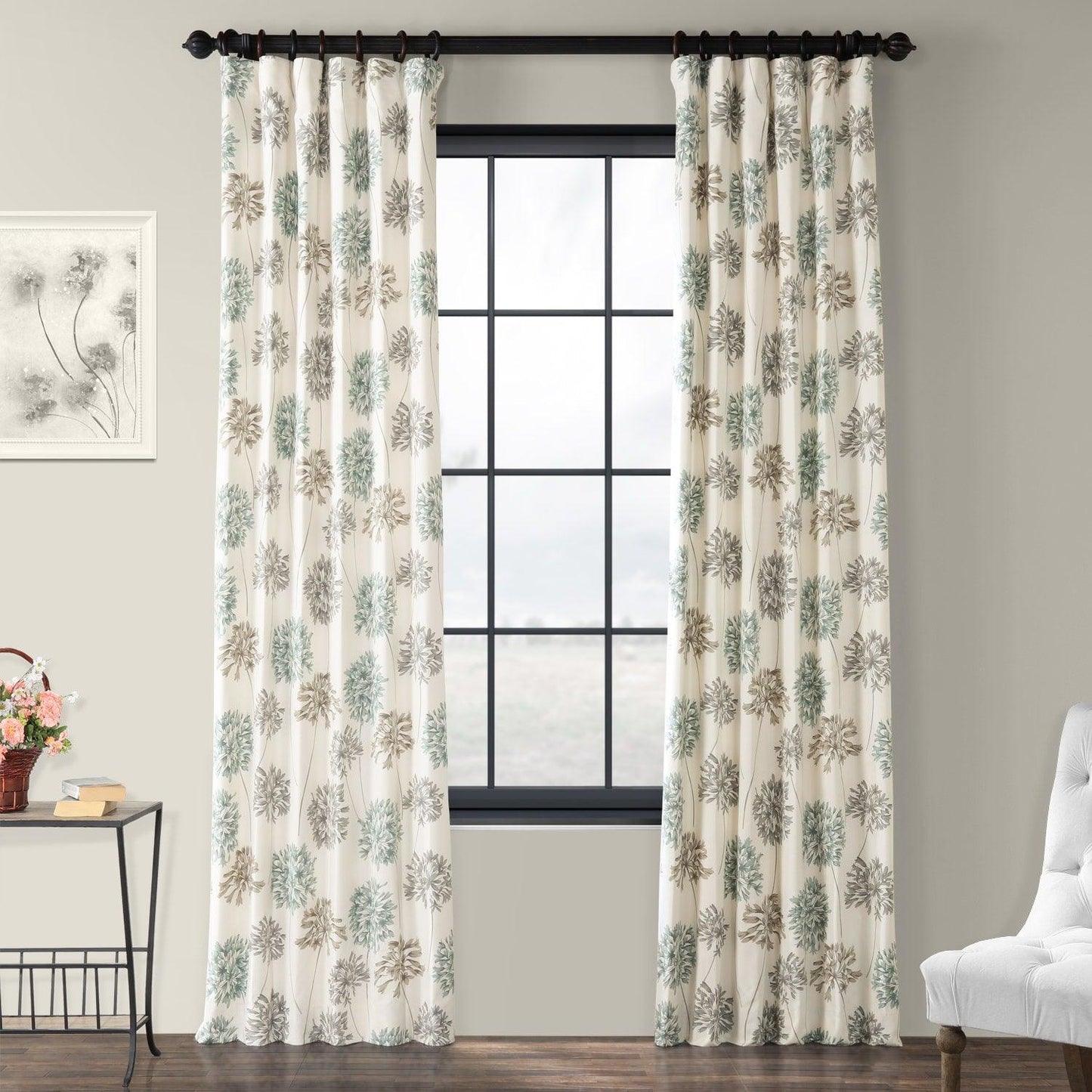 Allium Blue Grey Printed Cotton Curtain