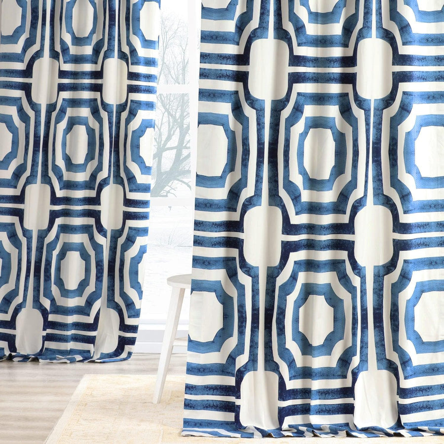 Mecca Blue Printed Cotton Curtain - HalfPriceDrapes.com