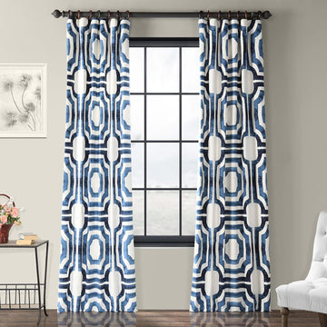 Mecca Blue Geometric Printed Cotton Room Darkening Curtain