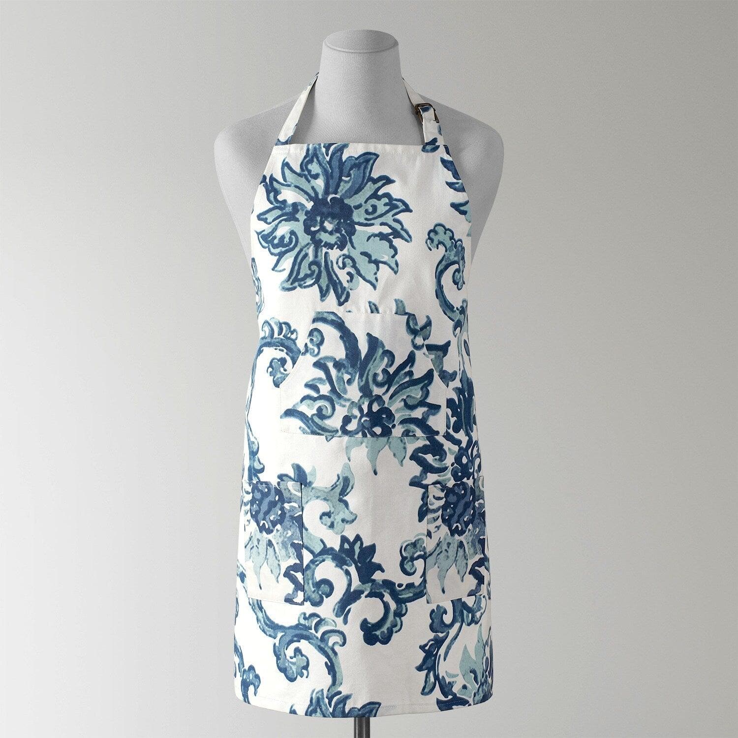Indonesian Blue Printed Cotton Apron - HalfPriceDrapes.com