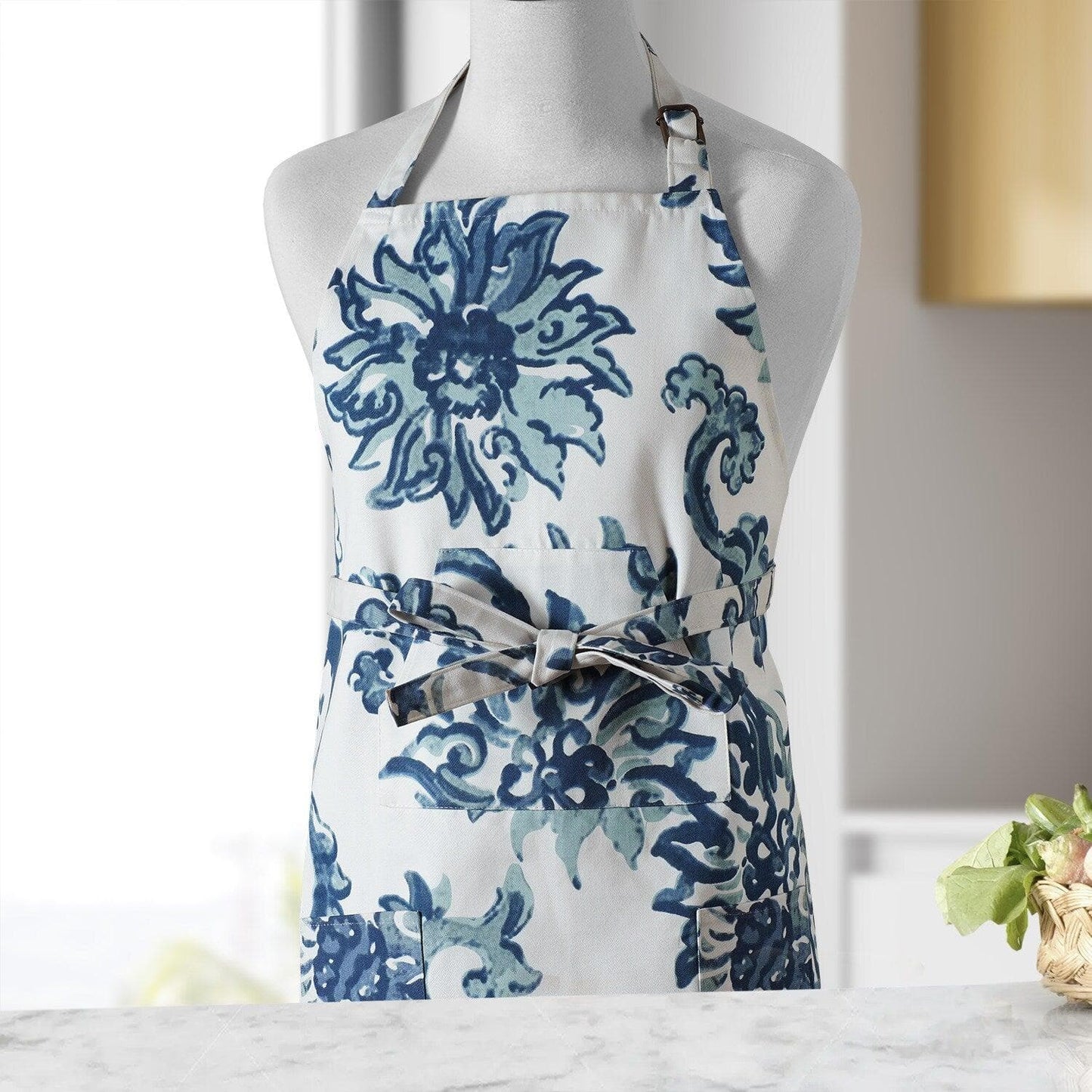 Indonesian Blue Printed Cotton Apron - HalfPriceDrapes.com