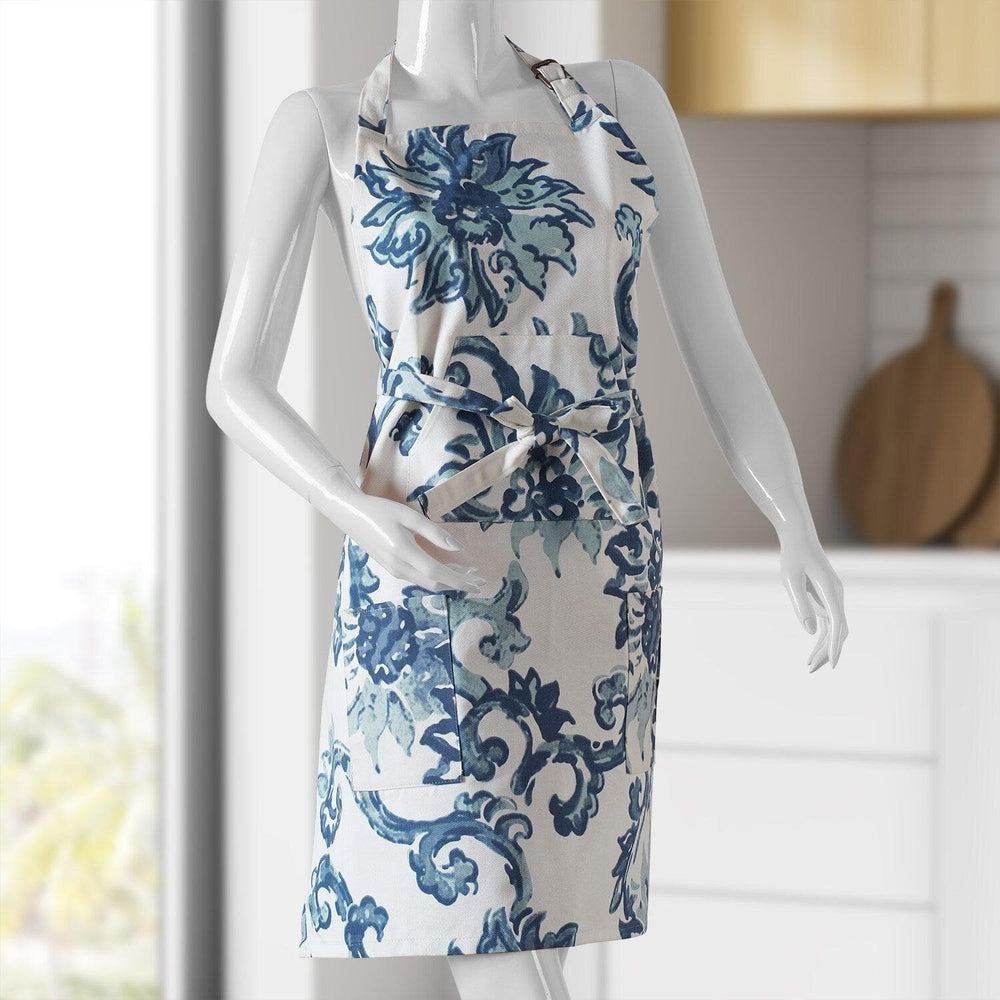 Indonesian Blue Printed Cotton Apron - HalfPriceDrapes.com