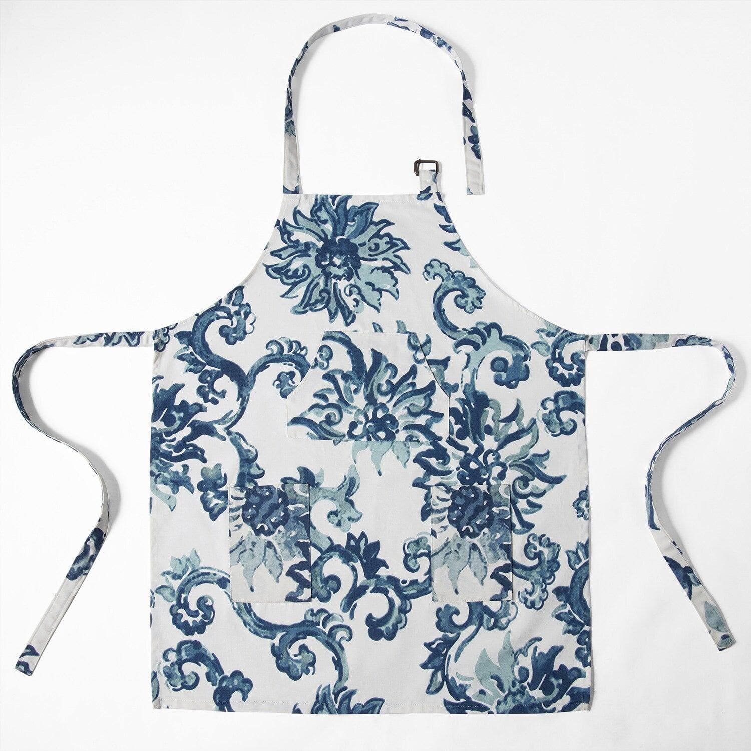 Indonesian Blue Printed Cotton Apron - HalfPriceDrapes.com