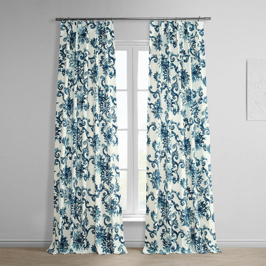 Indonesian Blue French Pleat Printed Cotton Curtain