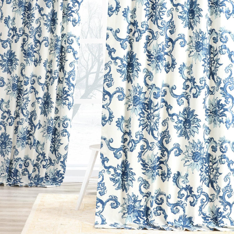 Indonesian Blue Printed Cotton Curtain - HalfPriceDrapes.com