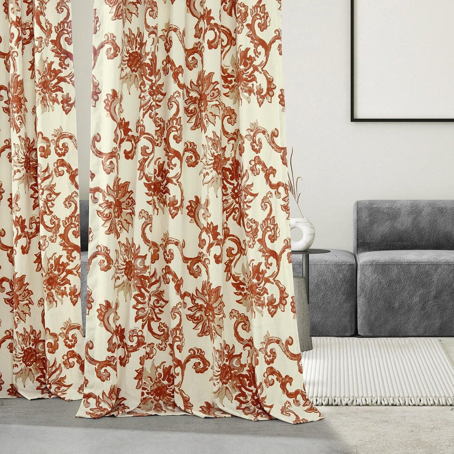Indonesian Rust French Pleat Printed Cotton Curtain
